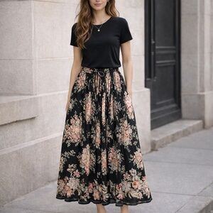Emblem maxi skirt women S black/pink floral full cotton old money quiet luxury